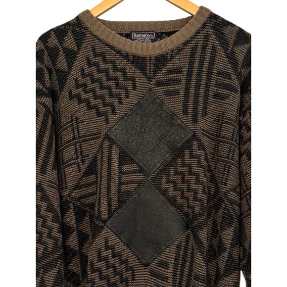 Mens Barnaby Acrylic Leather Grandpa Vintage Sweater Brown Black Large - Picture 5 of 9